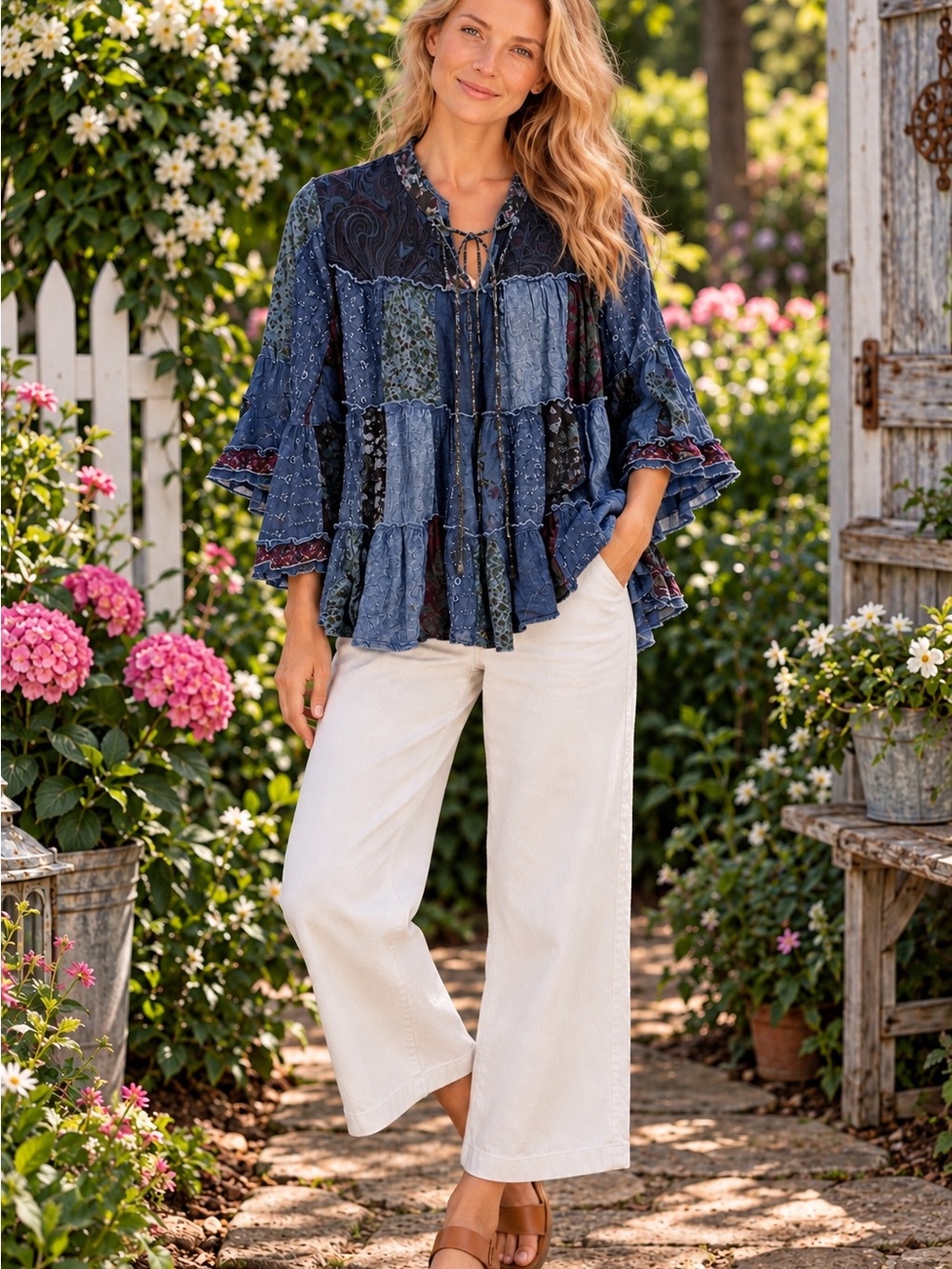 Young Threads Blue Patchwork Boho Ruffle Top – Large